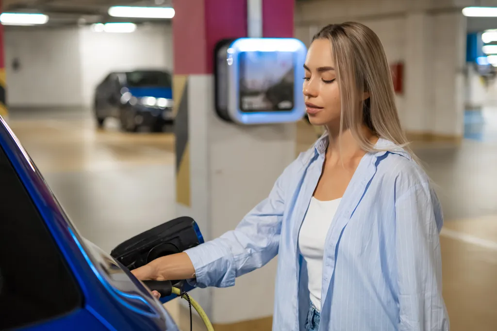 Modern EV charging station with green energy technology